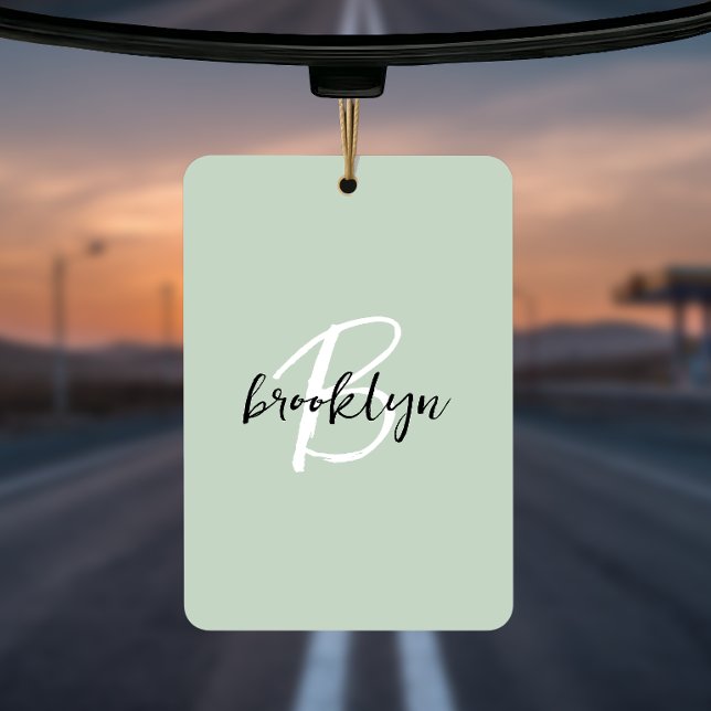 Trendy Sage Green Black White Script Monogram  Air Freshener (Creator Uploaded)