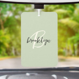 Trendy Sage Green Black White Script Monogram  Air Freshener