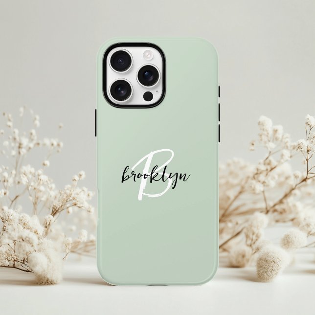 Trendy Sage Green Black White Script Monogram  Case-Mate iPhone Case (Creator Uploaded)
