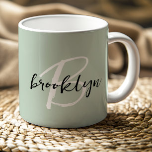 Trendy Sage Green Black White Script Monogram Coffee Mug
