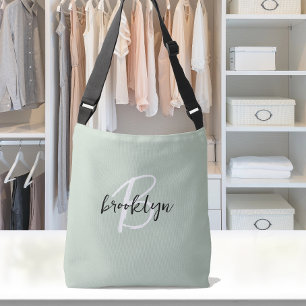 Trendy Sage Green Black White Script Monogram Crossbody Bag