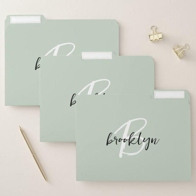 Trendy Sage Green Black White Script Monogram File Folder (Set)