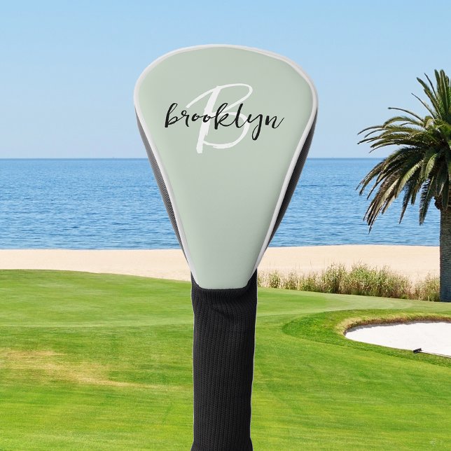 Trendy Sage Green Black White Script Monogram  Golf Head Cover (Creator Uploaded)