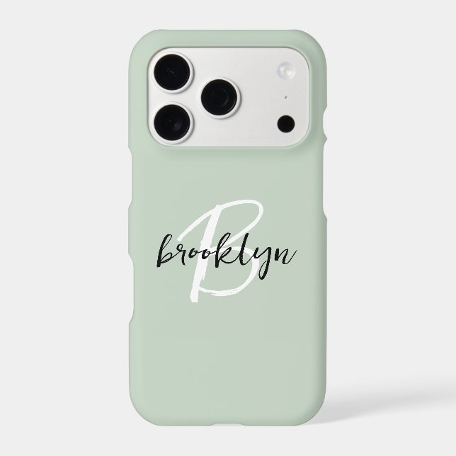 Trendy Sage Green Black White Script Monogram  Iphone Case (Back)