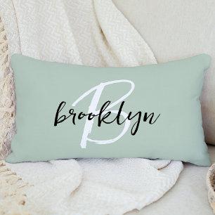 Trendy Sage Green Black White Script Monogram  Lumbar Pillow