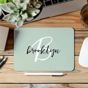 Trendy Sage Green Black White Script Monogram Mouse Pad