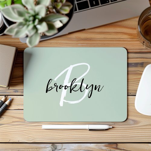 Trendy Sage Green Black White Script Monogram  Mouse Pad