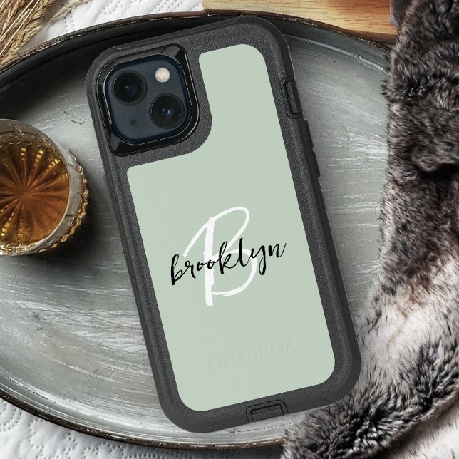 Trendy Sage Green Black White Script Monogram Otterbox iPhone Case (Creator Uploaded)