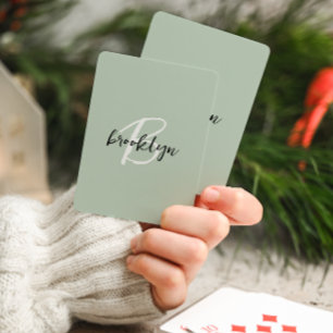 Trendy Sage Green Black White Script Monogram Poker Cards