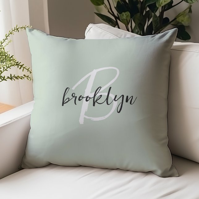 Trendy Sage Green Black White Script Monogram  Throw Pillow (Creator Uploaded)