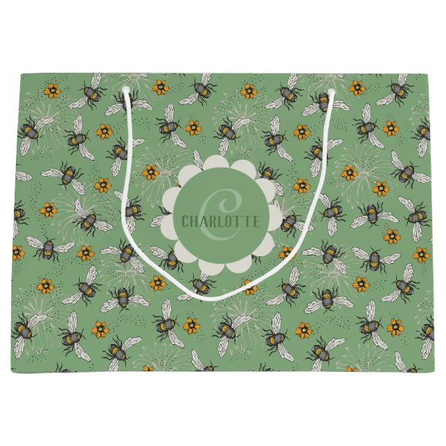 Trendy Sage Green Buzzing Honeybee for Summer Large Gift Bag (Front)