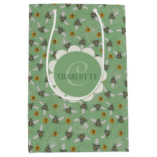 Trendy Sage Green Buzzing Honeybee for Summer Medium Gift Bag