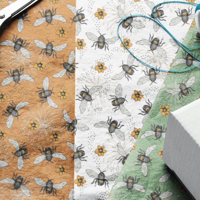 Trendy Sage Green Buzzing Honeybee for Summer Tissue Paper (Cute, happy bees and yellow Cosmos Spring and Summer flowers. In many colors and wrapping paper too )