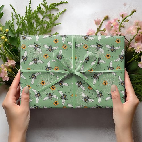Trendy Sage Green Buzzing Honeybee for Summer Wrapping Paper