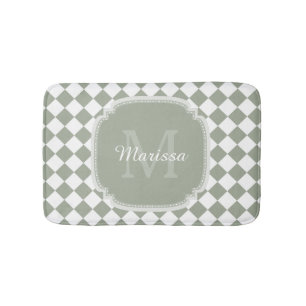 Trendy Sage Green Checked Monogrammed Name Bathroom Mat