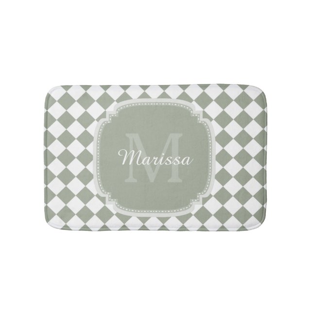Trendy Sage Green Checked Monogrammed Name Bathroom Mat (Front)