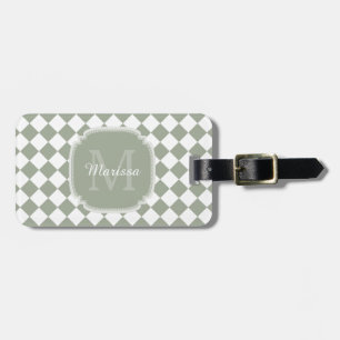Trendy Sage Green Checked Monogrammed Name Luggage Tag