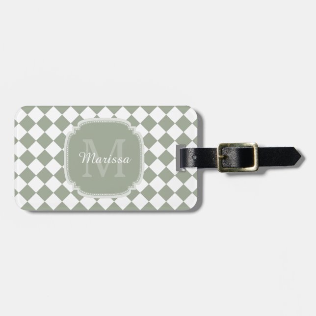 Trendy Sage Green Checked Monogrammed Name Luggage Tag (Front Horizontal)