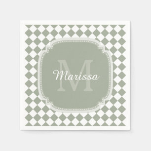 Trendy Sage Green Checked Monogrammed Name Paper Napkins