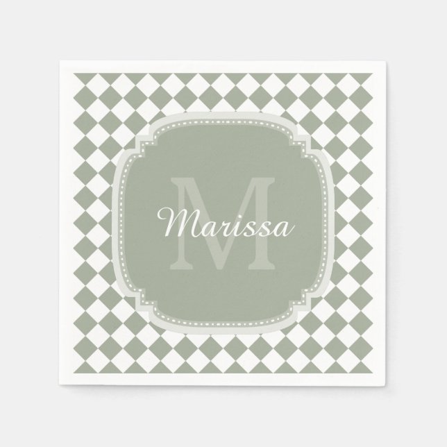 Trendy Sage Green Checked Monogrammed Name Paper Napkins (Front)