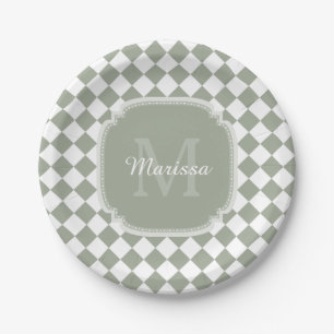 Trendy Sage Green Checked Monogrammed Name Paper Plates