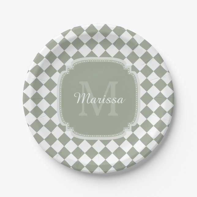 Trendy Sage Green Checked Monogrammed Name Paper Plates (Front)