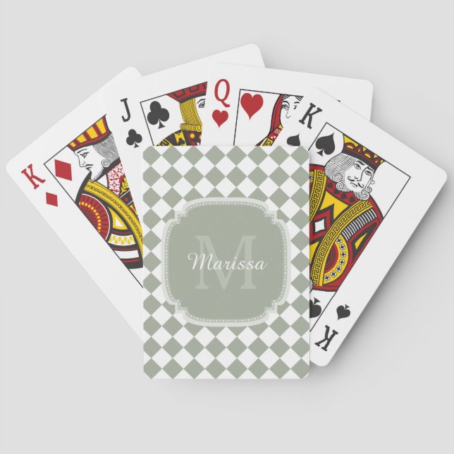 Trendy Sage Green Checked Monogrammed Name Poker Cards (Back)