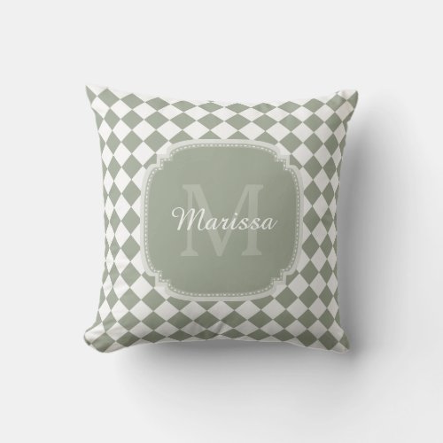 Trendy Sage Green Checked Monogrammed Name Throw Pillow