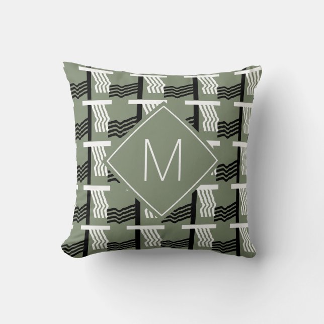 Trendy Sage Green Ethnic Monogram Throw Pillow (Front)