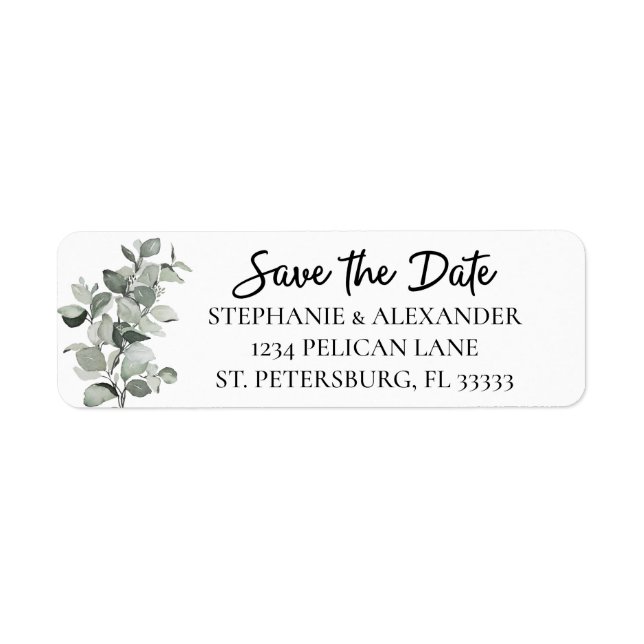 Trendy Sage Green Eucalyptus Wedding Save the Date Label (Front)