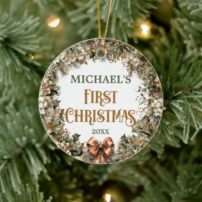 Trendy sage green faux gold baby First Christmas Ceramic Ornament (Tree)