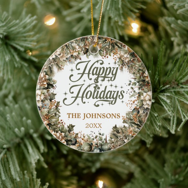 Trendy sage green faux gold Happy Holidays Family Ceramic Ornament (Tree)