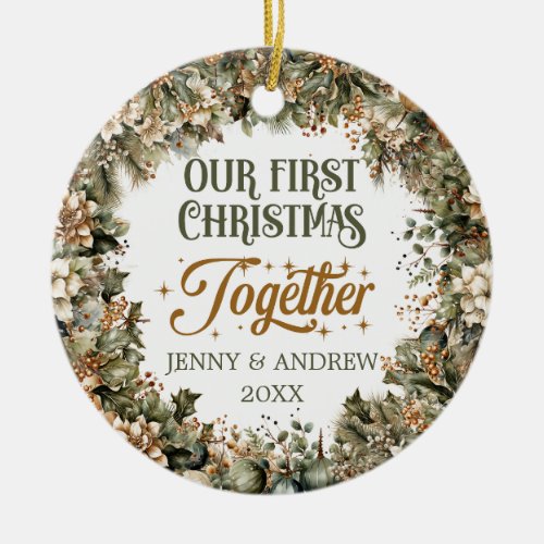 Trendy sage green faux gold Our First Christmas Ceramic Ornament