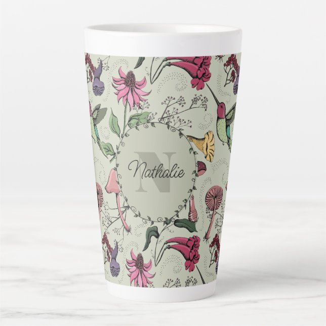 Trendy Sage Green Flowers & Hummingbird Monogram Latte Mug (Front)