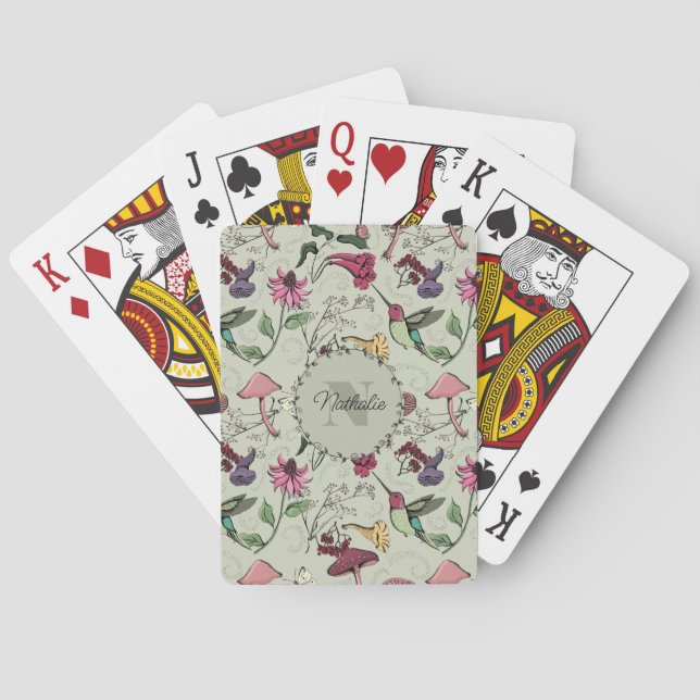 Trendy Sage Green Flowers & Hummingbird Monogram Poker Cards (Back)