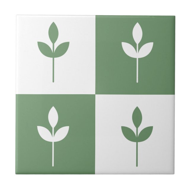 Trendy sage green leaf and white simple modern ceramic tile (Front)