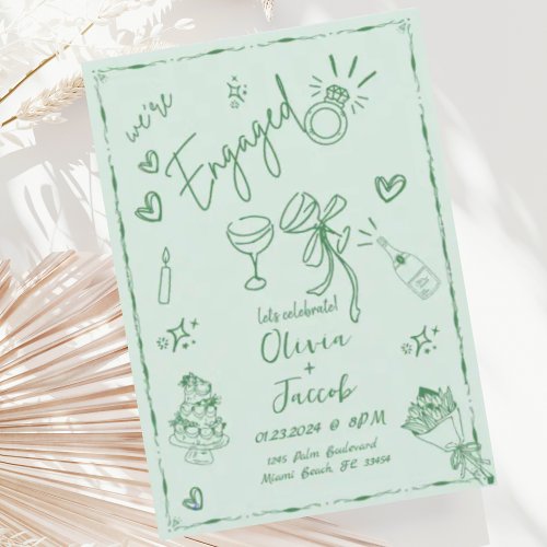 Trendy Sage Green Mint Hand Drawn Engagement Party Invitation
