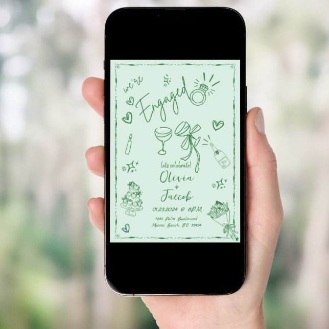 Trendy Sage Green Mint Hand Drawn Engagement Party Invitation (Front Digital)