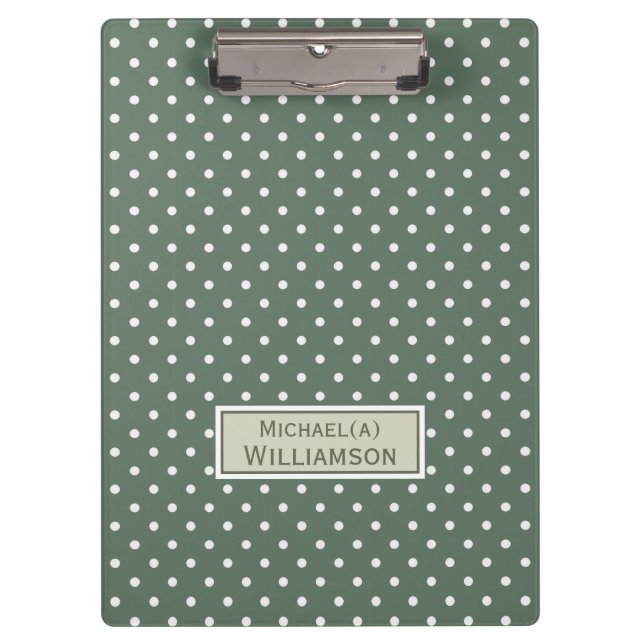 Trendy Sage Green & White Polka Dot Custom Pattern Clipboard (Front)