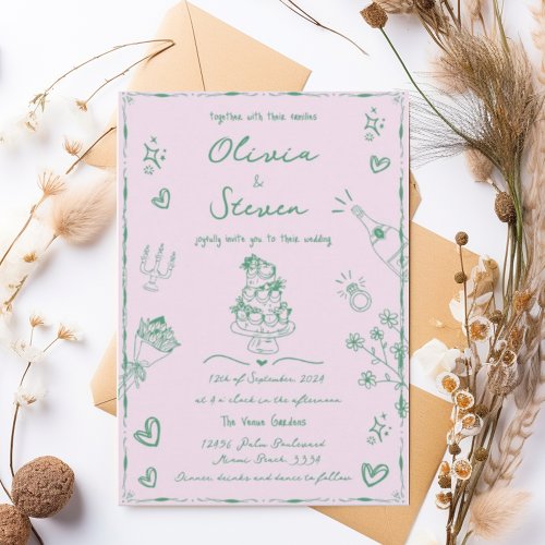 Trendy Sage Hand Drawn Quirky Scribble Wedding  Invitation