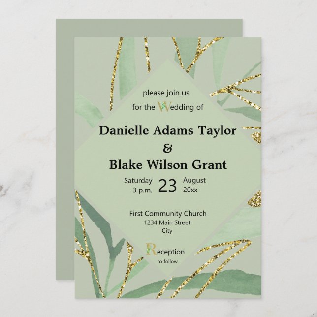 Trendy Sage Hues & Gold Glitter Wedding Invitation (Front/Back)