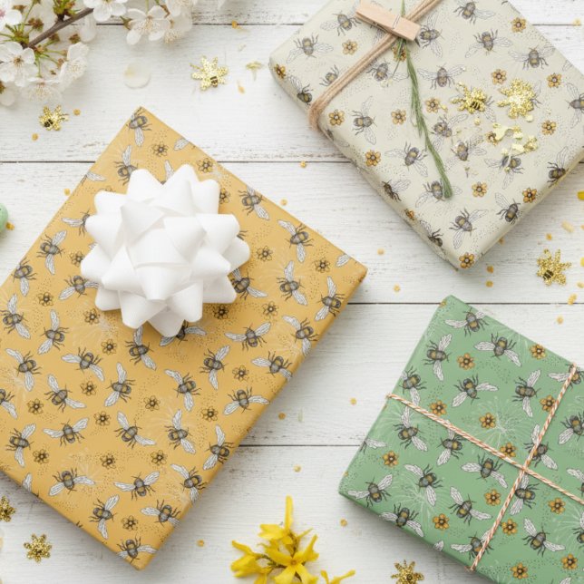 Trendy Sage & Yellow Honeybees for Spring & Summer Wrapping Paper Sheets (Floral Honey Bee and Yellow Flowers Pattern for Nature Lovers for Spring & Summer Birthdays for Her)