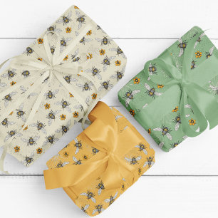 Trendy Sage & Yellow Honeybees for Spring & Summer Wrapping Paper Sheets