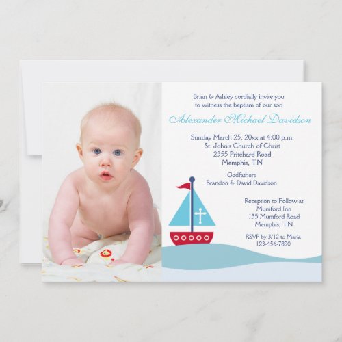 Trendy Sailboat Baptism Photo Invitation 2