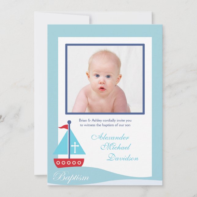 Trendy Sailboat Baptism Photo Invitation 2-sided (Front)