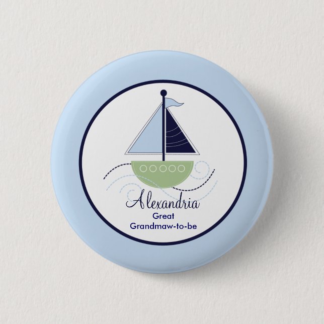 Trendy Sailboat Name Tag Button - Green/Blue (Front)