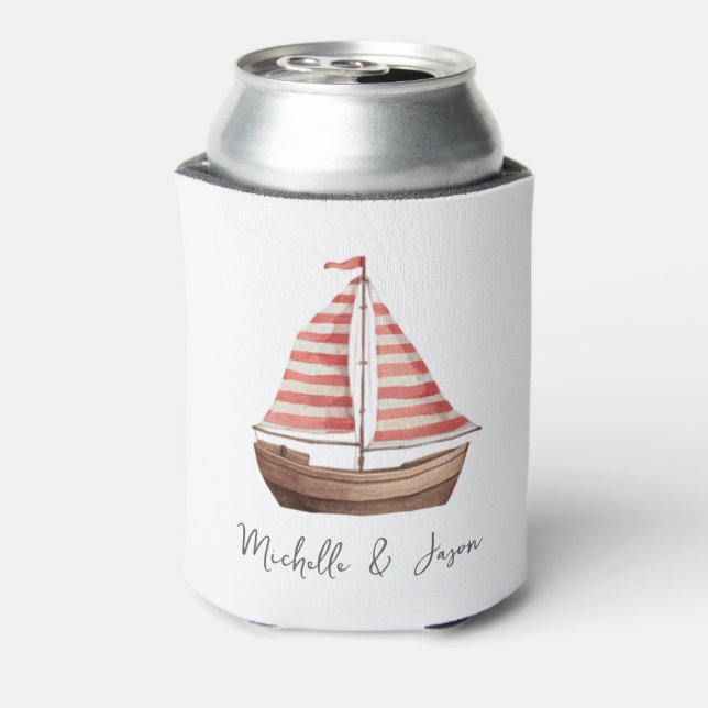 Trendy Sailboat Nautical Watercolor Personalized   Can Cooler (Can Back)