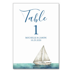 Trendy Sailboat Nautical Watercolor Wedding Table Number
