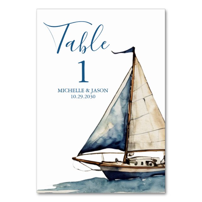Trendy Sailboat Nautical Watercolor Wedding  Table Number (Front)
