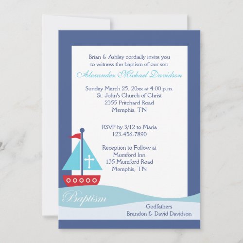 Trendy Sailboat Navy Baptism Invitation